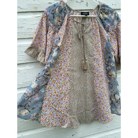 GIGIO Top Size L Colorful Mixed Floral Sheer Ruffle Boho Peasant Tassel Blouse - Picture 2 of 6